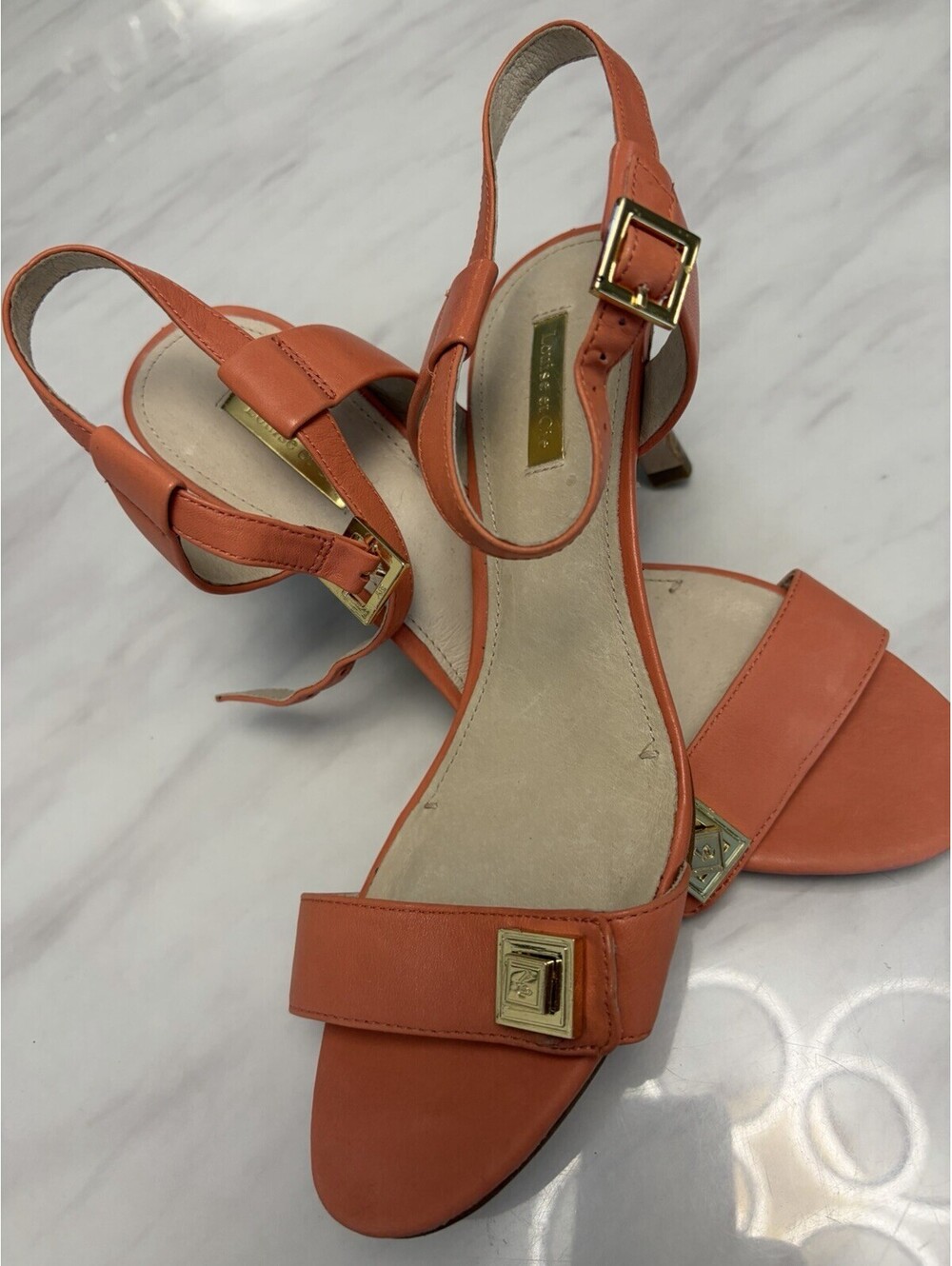 Louise et Cie Lo-Hayworth Tangerine Orange Leather Strappy Heels 3" Sz 9.5